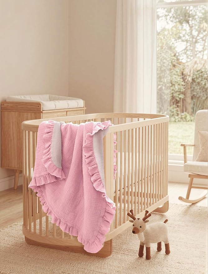 lulumoon Muslin Baby Blanket for Girls: Soft Breathable Cotton Crib Blanket with Ruffle - Lightweight Receiving for Wrap Newborn & Nursery Stroller 40"x36"(Light Pink)