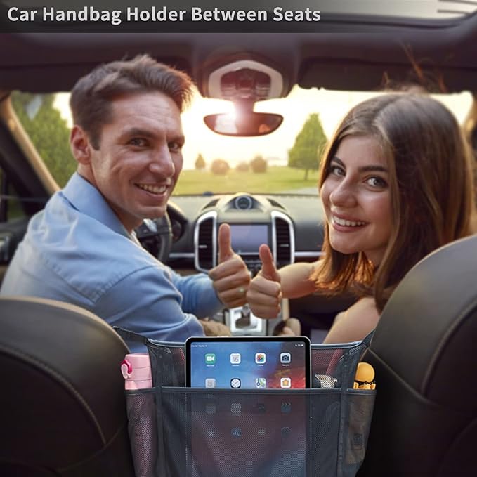 WLLWOO Car Net Pocket Handbag Holder Between Seats Back Storage Organizer Purse Holder for Console Front Seat Storage Barrier
