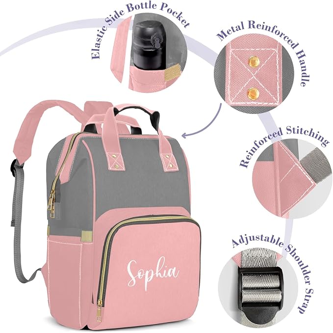 Custom Diaper Bag with Name Personalized Multifunctional Mommy Backpack for Daughter Granddaughter, Pink Daypack Bag for Travel