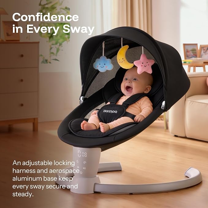 HARPPA Weddell Electric Baby Swing for Infants, 5-Point Harness, 5 Motion Levels, Remote & Touch Control, Built-in Melodies, Portable Baby Swing for Indoor Use,Matte Black