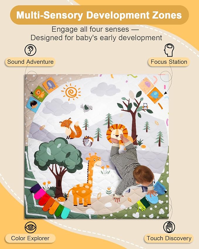 TINYHARBO Premium Foam Baby Play Mat 59x59, 4 Developmental Zones Play Mat with Removable & Machine Washable Cover, Extra Thick Padding Playpen Mat, Easy to Clean for Infants, Toddlers & Babies