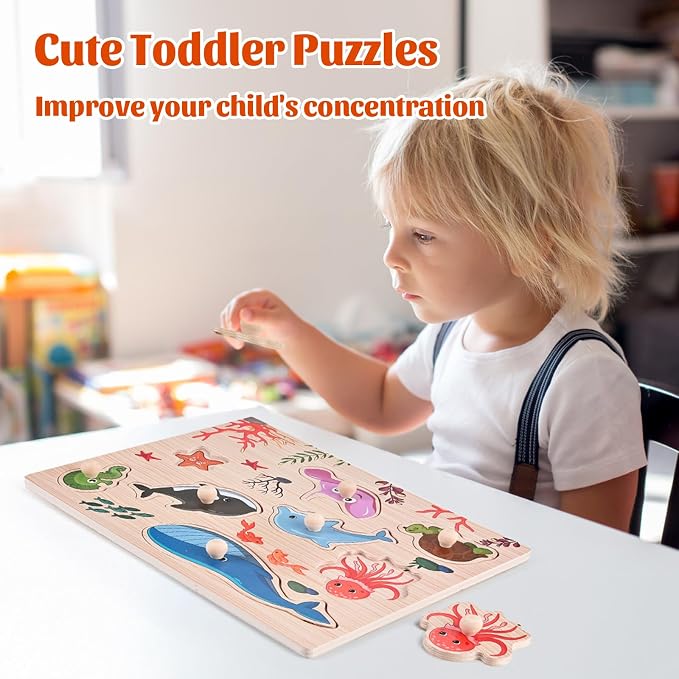 Wooderma Wooden Peg Puzzles for Toddlers 1-3, 2 Pcs Upgraded Montessori Educational Learning Puzzle Toy - Animal & Sea Themes Puzzles, Great Preschool Gifts for Girls and Boys (8.86 * 11.61 * 0.3in)