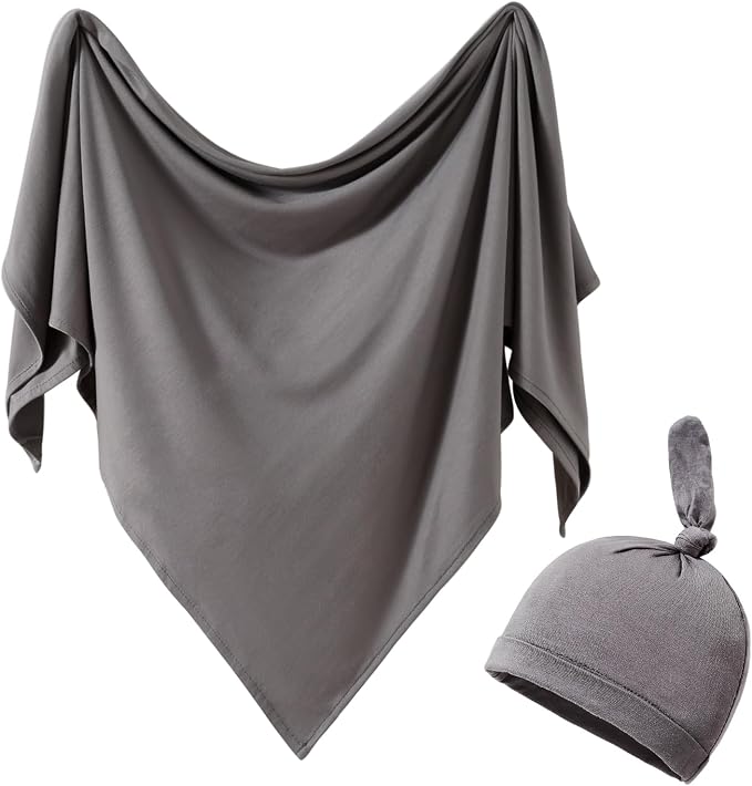 Cotton Knitted Baby Swaddle Blanket with Hat Headband Set Newborn Swaddle Wrap Receiving Blankets for Baby Girl Boy 35" x 35"(Dark Grey)