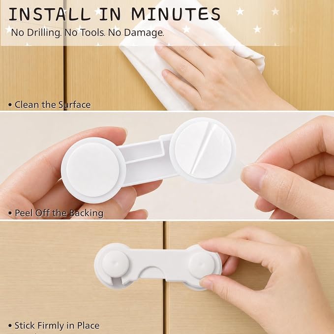 Cabinet Door Locks Baby Proof, 4 Pack Child Safety Latches with Adhesive for Cabinets Drawers Cupboards Fridge Closet Pantry, Premium ABS Material, White