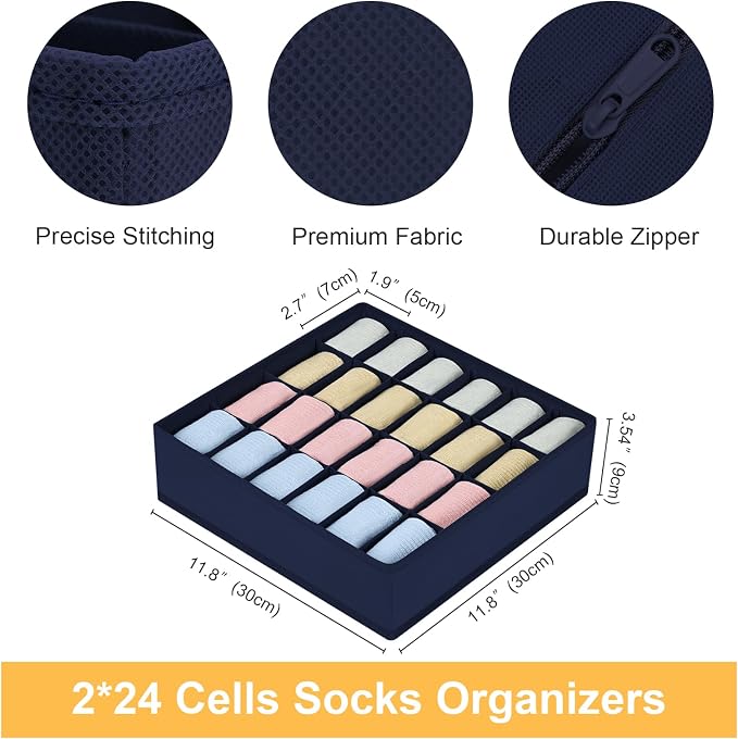 Joyoldelf Drawer Organizer - 2 Pack Underwear Holder, 24 Cells Collapsible Closet Organizer and Storage for Belts, Ties (Navy Blue)