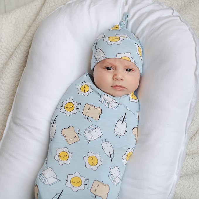 Little Sleepies Swaddle & Hat Set, Baby Swaddles Newborns, Soft Viscose from Bamboo Swaddle Blanket Wrap (Blue Breakfast Buddies)