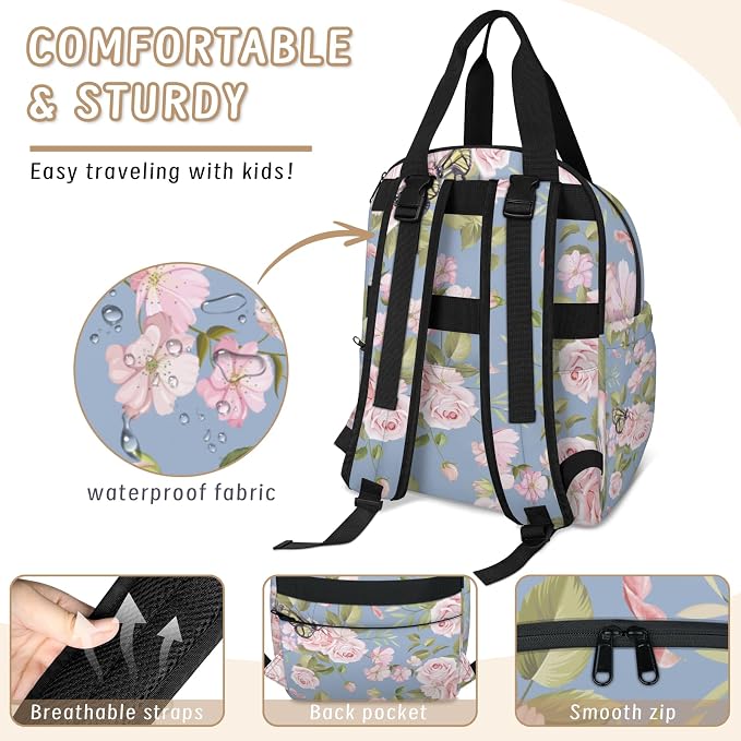 Pink Rose Butterfly Diaper Bag Backpack-Multi-functional mother and baby bag Thermal compartment USB charging port Large capacity Multi-pocket organizer Stroller can be hung Travel shopping