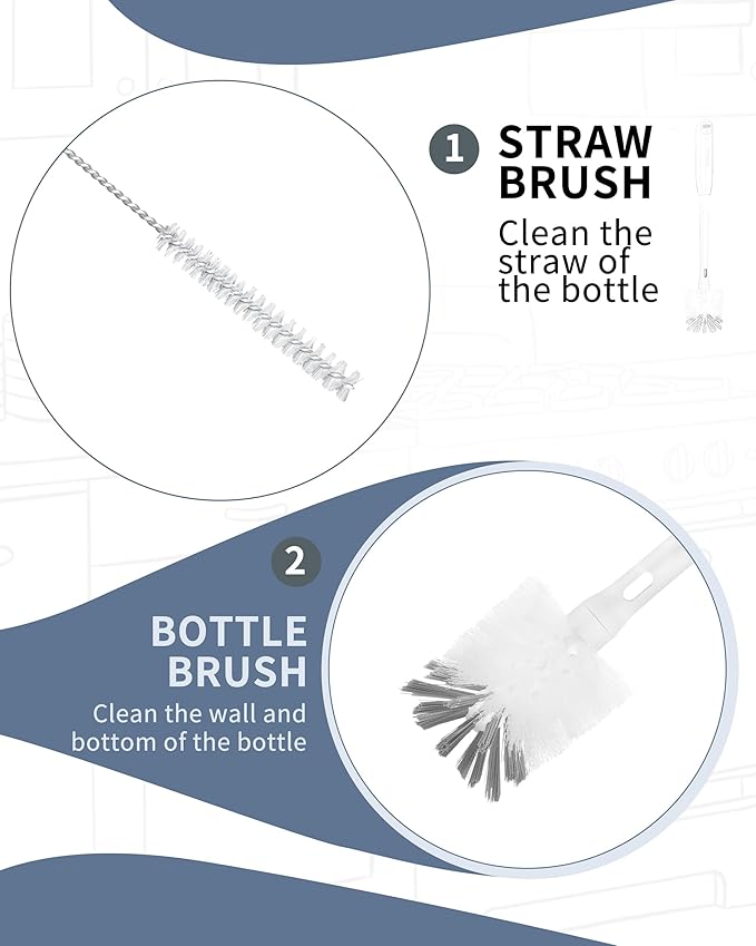 ROSEOK 2 in 1 Long Handle Bottle Brush with Straw Brush for Cleaning Glass, Sports Bottle, Coffee Mug,Navy Blue, 2 Pack