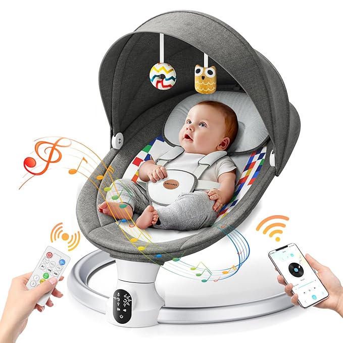 Baby Swings for Infants - Exclusive App & Bluetooth Function, Electric Baby Swing with 5 Point Harness & 5 Sway Speeds, 10 Preset Lullabies, Portable Infant Swing for Indoor/Outdoor(Dark Gray)