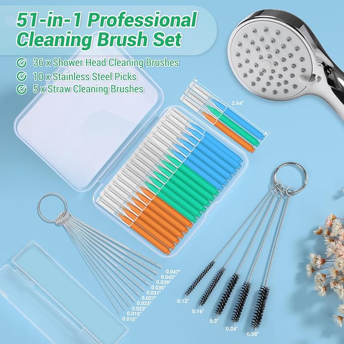 MAPVOLUT 51-in-1 Shower Head Cleaner Kit & Straw Cleaning Brushes Set - Unclog Nozzles, Holes, Stanley Cups, Sippy Bottles, Printers, Faucets - 35 Brushes, 10 Steel Picks, 5 Straw Brushes (3 Colors)