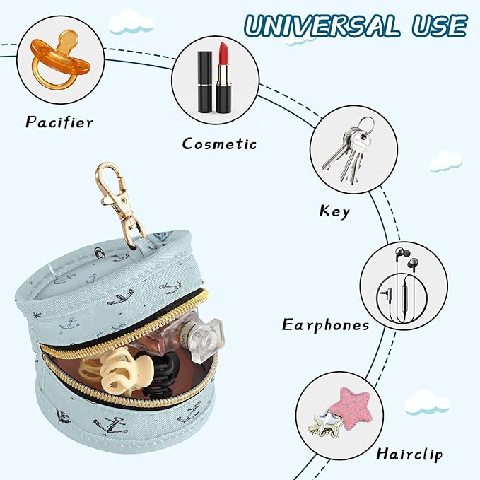 Pacifier Holder with Clip Pacifier Case for Diaper Bag Round Baby Pacifier Pouch Box Bag Portable Blue Nautical Anchors