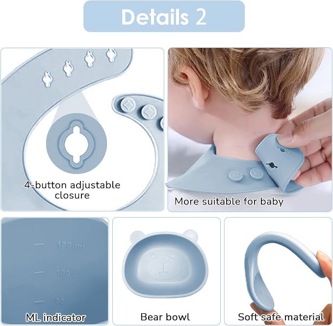 Silicone Baby Feeding Set, 14 Pcs Baby Led Weaning Supplies, Baby Spoons & Forks Suction Bowl Divided Plate Bib Cup, First Stage Solid Food Eating Utensils - 6+ Months (Blue)