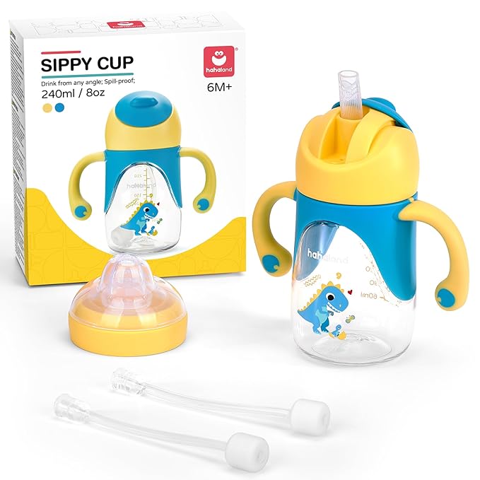 hahaland Sippy Cup for 6+ Month Old - 2 in 1 Spout & Straw Sippy Cups for Toddlers 1-3 No Spill Transition Weighted Straw Toddler Cups - 1 Cup with 2 Nipples