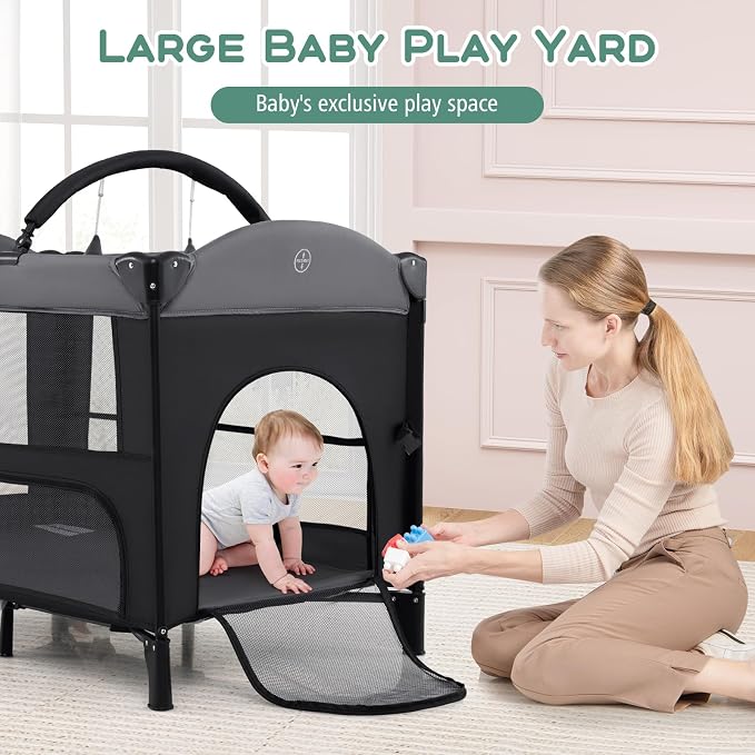 INFANS Baby Bassinet, 4 in 1 Pack and Play Baby Playard with Changing Table, Mosquito Net, Storage Basket, Travel Bag for Newborn 0-36 Months (Black)
