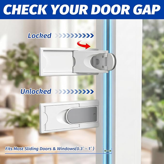Sliding Door Lock 4 Pack – White Child Safety Sliding Glass Door Lock, No-Drill Adhesive Lock for Windows, Closets & Patio Doors, Baby Proof Stopper for Home Security