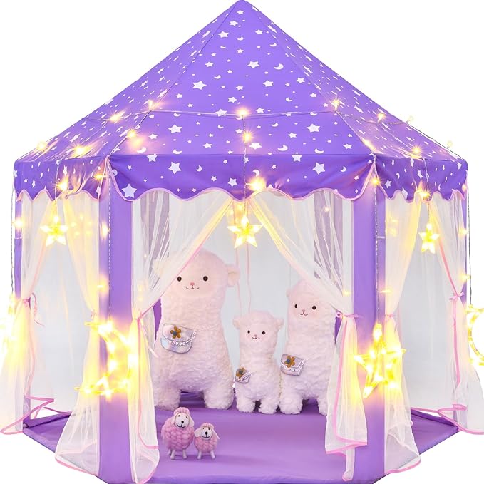 Princess Tent with Large Star Lights for Girls Age 4-7, Kids Play Tent for Indoor, Castle Playhouse for Toddlers, Purple Princess Toy 55x53 inch
