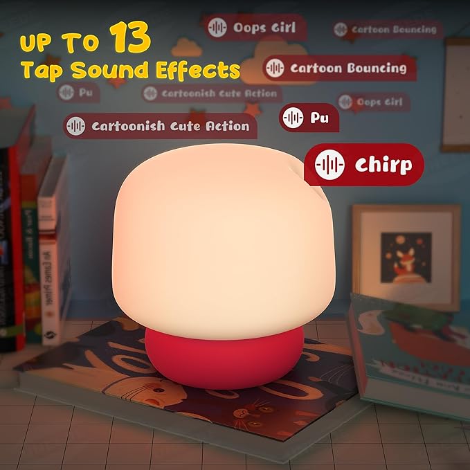 UNEEDE Mushroom Night Light for Kids with 13 Sound Effects Cute Mushroom Decor, Squishy Nursery Lamp with Timer,Christmas Birthday Gift