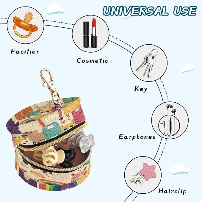 Pacifier Holder with Clip Pacifier Case for Diaper Bag Round Baby Pacifier Pouch Box Bag Portable Sunglasses Alpaca Rainbow Hearts