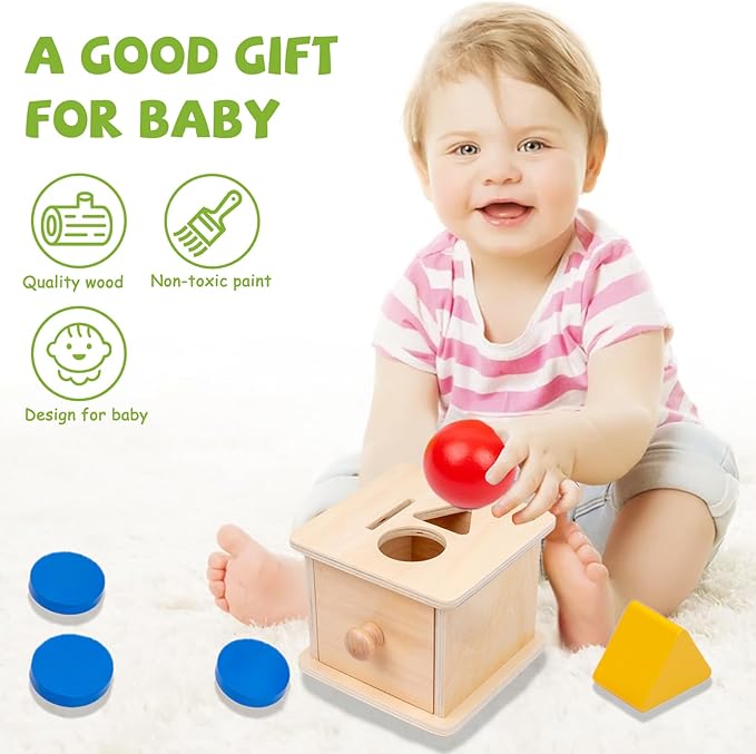 Adena Montessori Coin Box,3 in 1 Object Permanence Box Toys for 1 Year Old Baby Coins,Wooden Montessori Ball Drop Toys Developmental Toys for 6-12 Month Infant Toys,Triangle Ball Round Shapes