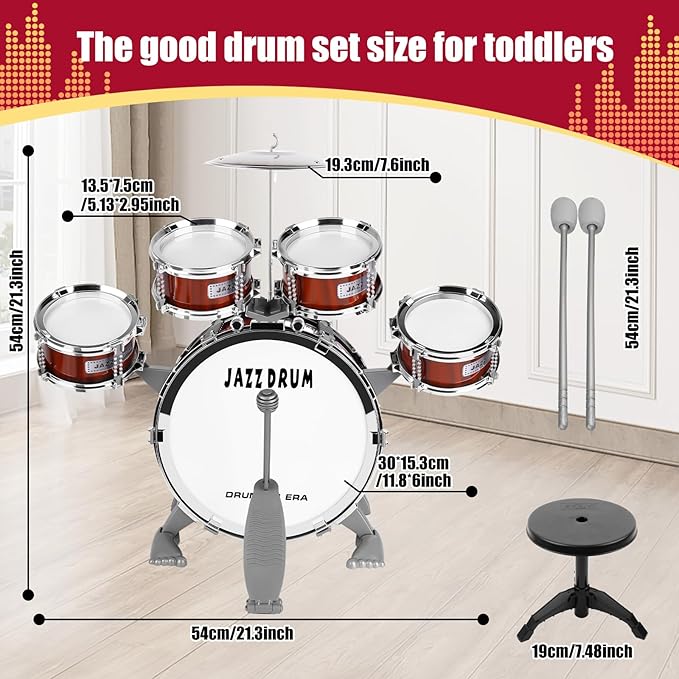 Kids Drum Set for Toddlers 1-3 3-5 - Musical Instruments Toys Drum Kit 9 Pcs with Stool, Birthday Musical Toys for Toddlers 3 4 5 Year Old Boys Girls