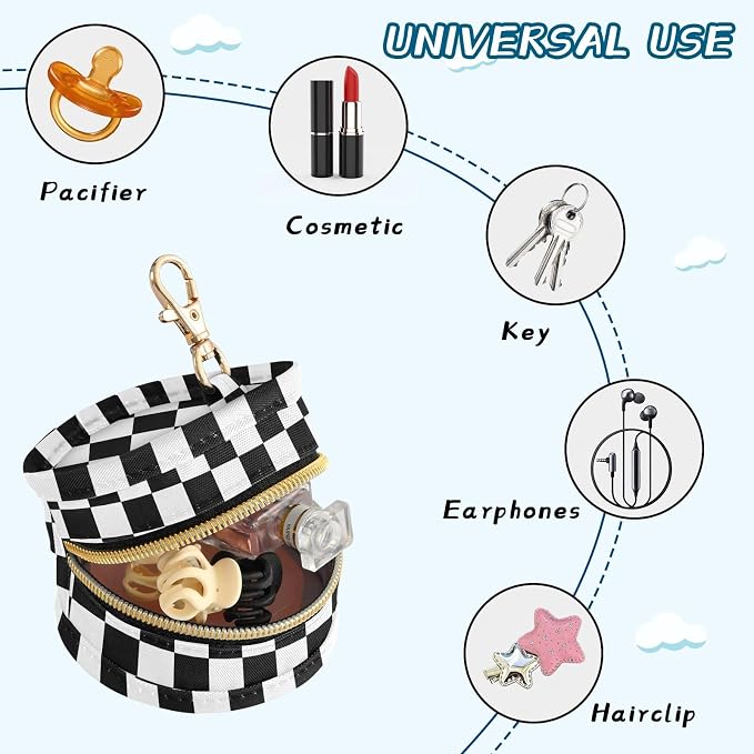 Black Checkered Print Pacifier Holder Case with Clip Paci Holder Pacifier Storage Case Container Portable for Diaper Bag Newborn Girl Boy Essentials