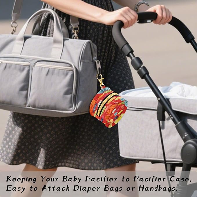 Pacifier Holder with Clip Pacifier Case for Diaper Bag Round Baby Pacifier Pouch Box Bag Portable Red Vibrant Ginkgo Leaves