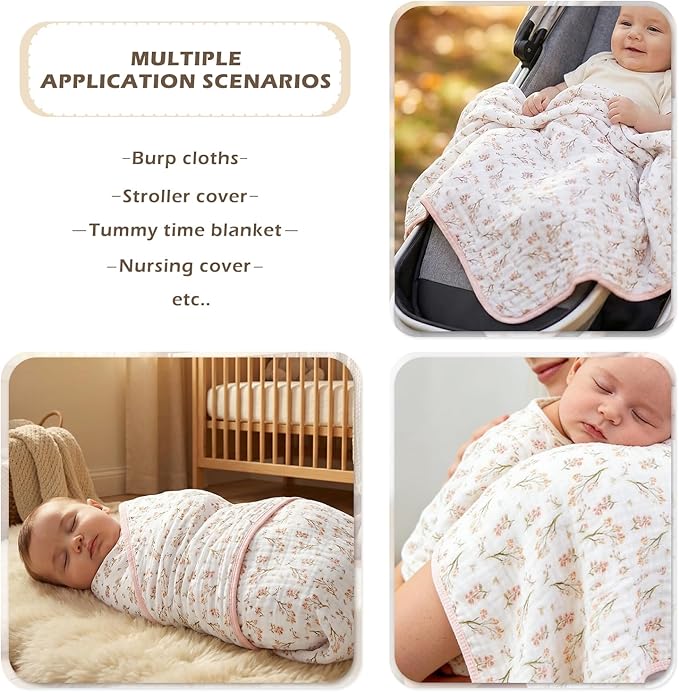 Ultra Soft Muslin Baby Blanket Pack of 2 Cotton Muslin Swaddle Bed Blankets for Infant Babies and Toddlers Girls Newborn 43"X43" (Floral and Pink)