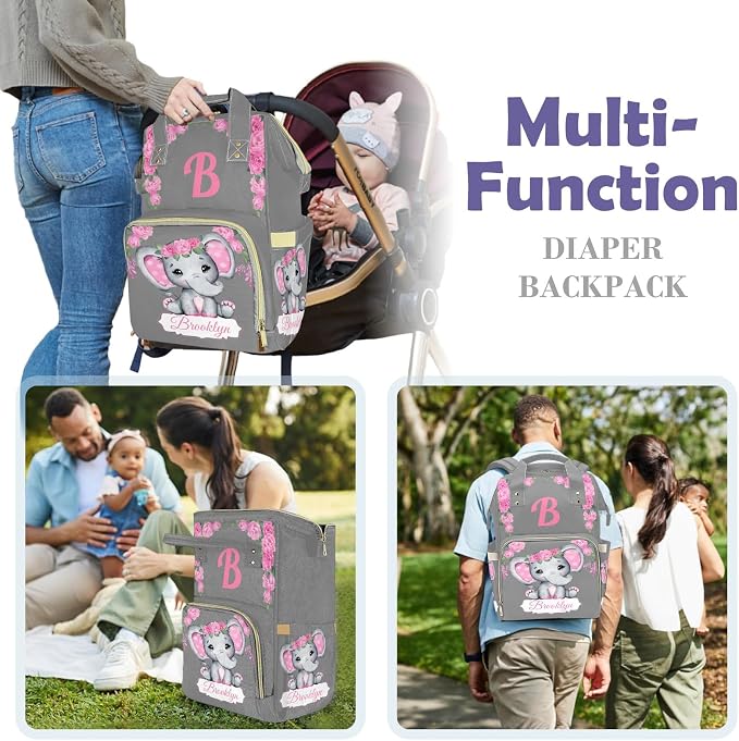 Custom Diaper Bag with Name Personalized Multifunctional Mommy Backpack for Daughter Granddaughter, Grey Daypack Bag for Travel