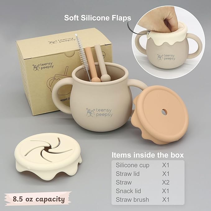 Honey Jar Pot 3-in-1 Silicone Training Cup 8.5oz, Unisex Baby Sippy Cup with Straw & Snack Lid for 6 months+ Break Resistant Straw Cup for Toddler Smoothie Drinkware (Sandy Beige)