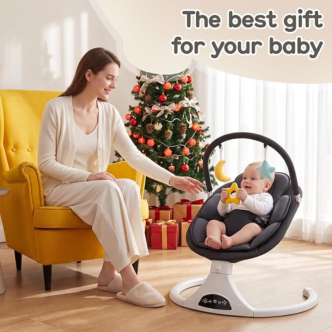 Electric Baby Swing with Remote Control - 5 Natural Motion Speeds, Detachable Seat Pad | Portable Infant Swing for Indoor/Outdoor Use (0-6M, 20lbs) (Black)