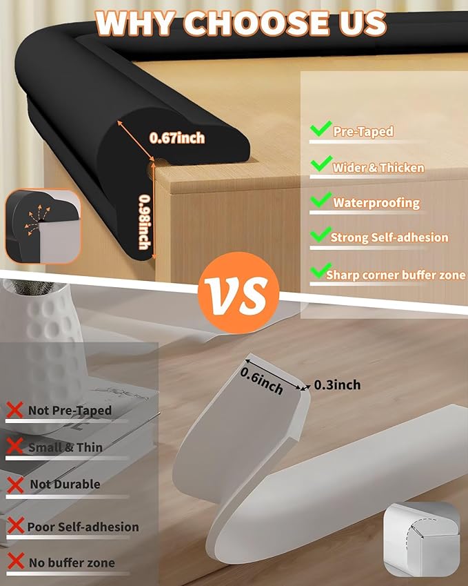 Edge Protector for Baby Proofing, 6.6FT 0.67?™’Th L-Shape Air Buffering Soft NBR Rubber Foam Furniture Edge Bumper Guards with 6 Corners, Pre-Taped, Thick Table Bumper Guard for Babies (Black)