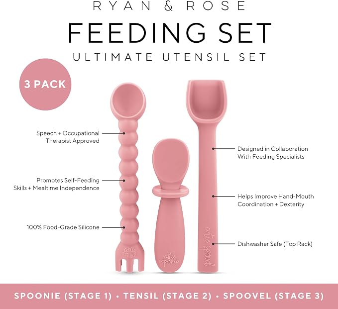 Ryan & Rose Ultimate Baby Utensil Set of 3 Silicone Baby Spoons Silicone feeding set for baby led weaning, self feeding 6 months, toddler utensils (Rose)
