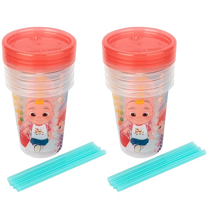 The First Years Cocomelon Take & Toss Toddler Straw Cups - Spill Proof Toddler Sippy Cups with Snap On Lids and Straws - Kids Feeding and Party Supplies - 10 Oz - 8 Count