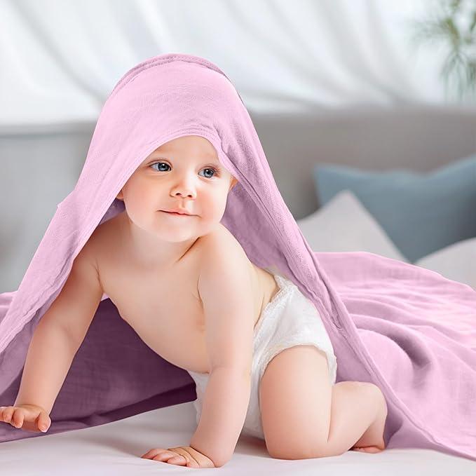 Preboun 6 Pcs Muslin Hooded Baby Towels and Washcloths 32"x 32" Cotton Newborn Bath Towel Anti-Shrink Infant Baby Blankets with Hood 12"x 12" Washcloths for Girl Boy Toddler(Light Pink,Purple)