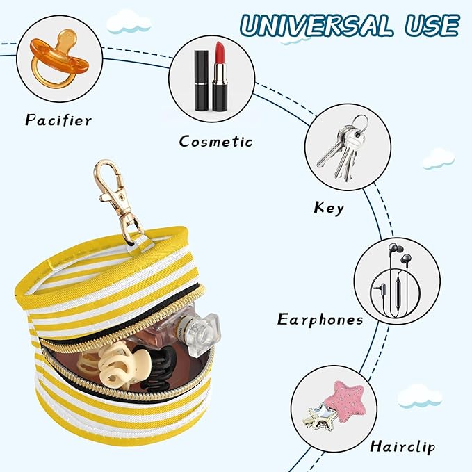 Pacifier Holder with Clip Pacifier Case for Diaper Bag Round Baby Pacifier Pouch Box Bag Portable Bright Yellow and White Stripes