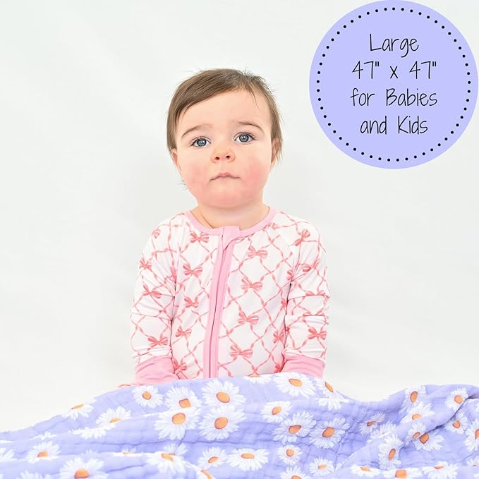 LollyBanks Muslin Baby Blanket, 100% Cotton Muslin Quilt for Girls, 47 x 47 Inches Toddler Blanket, Cozy 6 Layers Baby Blanket, Soft and Breathable Baby Quilt, Baby Essentials, Registry (Daisy Print)