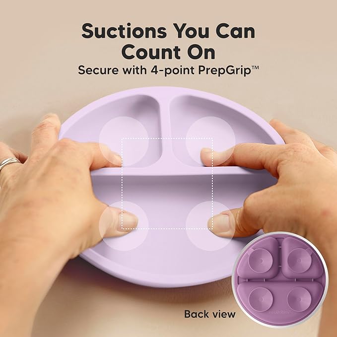 KeaBabies Suction Plates with Lids for Baby - 3-Pack 100% Silicone Toddler Plates with Suction, Divided, BPA-Free Baby Led Weaning Essentials for Kids, Dishwasher, Microwave Safe, Durable (Amethyst)