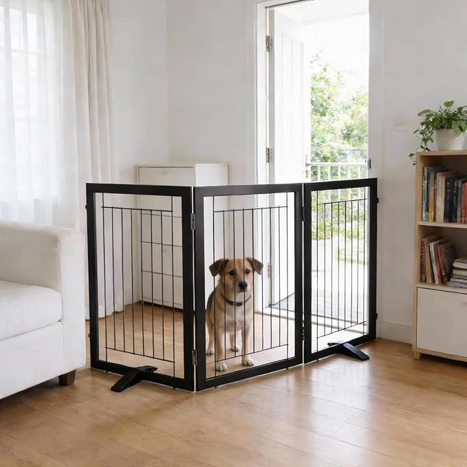 Dog Fence Indoor - 3-Panel Freestanding Dog Gate for Doorways, Hallways, House or Stairs -60x32-Inch Retractable Foldable Expandable Wood Pet by SFJC (Black)