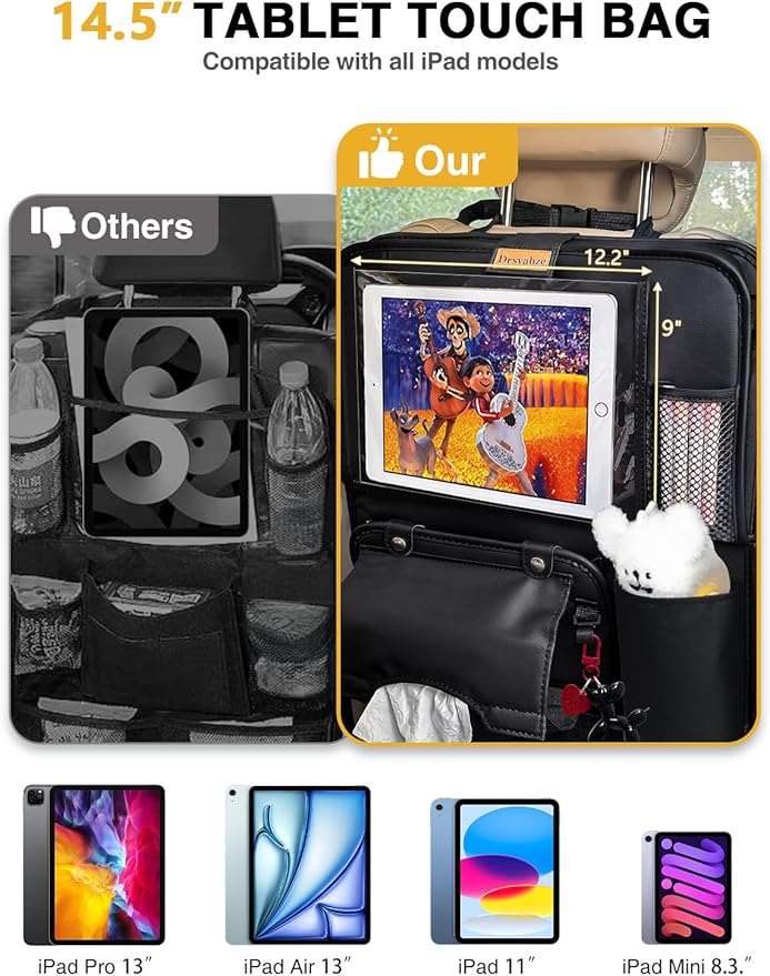2-Pack Leather Car Backseat Organizer with Tablet Holder?“Foldable Food Tray,Storage Pockets,Trash Can,Tissue Holder & Insulated Bag?“Kick Mats Protector for Kids,Travel Accessories Organizer
