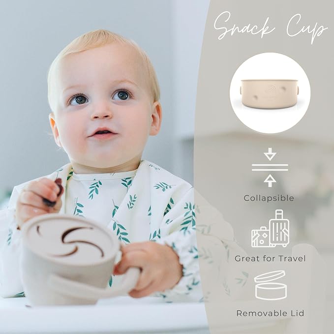 Baby Feeding Set - Baby Must Haves Gift Set - Baby Led Weaning Supplies - Toddler Silicone Feeding Set - Suction Baby Bowl, Bib, Snack Cup, Utensils, Baby Plate Set of 8 (Beige)
