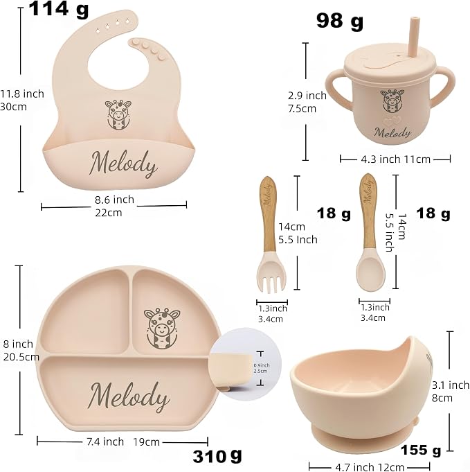 Personalized Name Food Grade 6pcs Baby Feeding Set with Spoon, Fork,Silicone Suction Bowls,Cup,Plate,and bib BPA Free - First Stage Self Feed (Color Y4)