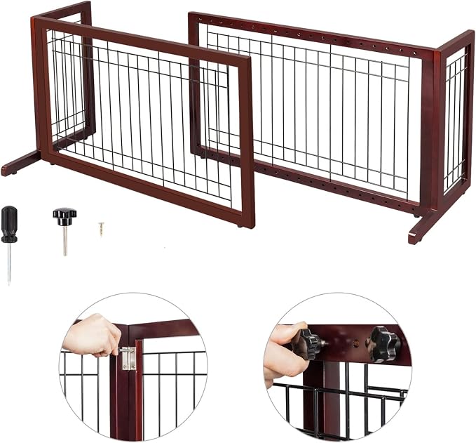 Bonnlo Free Standing Dog Gate, 37" - 68" Wide Pet Gate for Fireplace Stairs Doorways, Wooden Adjustable Pet Fence Indoor, Christmas Tree Gate (Cherry)