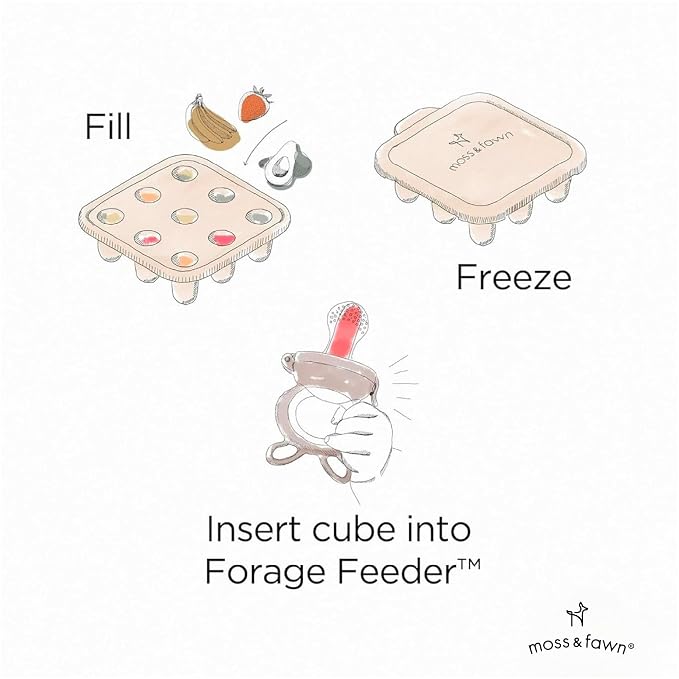 Moss and Fawn Baby's First Bites Bundle - Silicone Frozen Breast Milk Popsicle Kit with Forage Feeder & Teething Popsicle Ice Cube Tray - BPA, PVC, & Lead-Free - Ecru