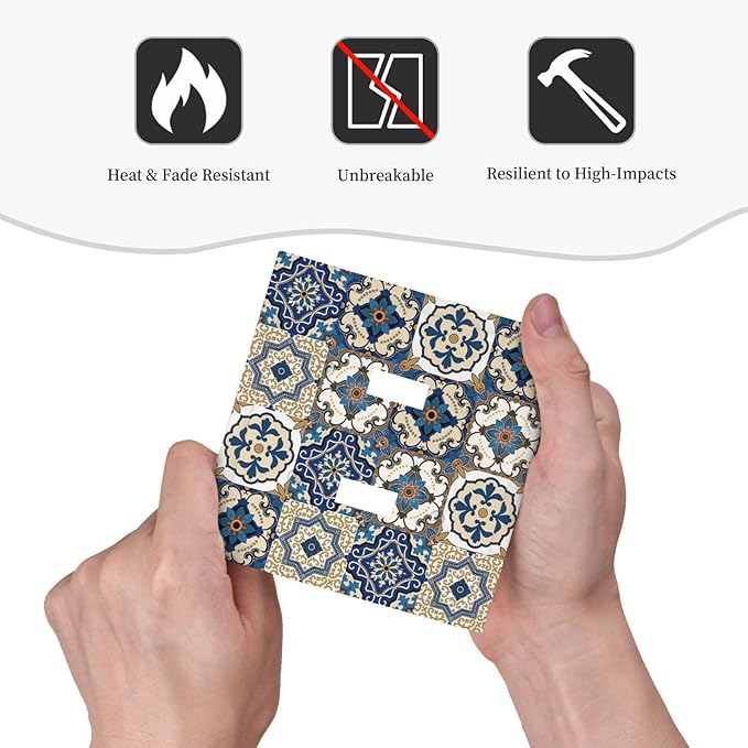 Boho Talavera Decorative Tile Moroccan Mandala Print Decorative Switch Plates 2 Gang Double Toggle Outlet Light Switch Cover Wall Plate Electrical Faceplate for Bathroom Kitchen Decor