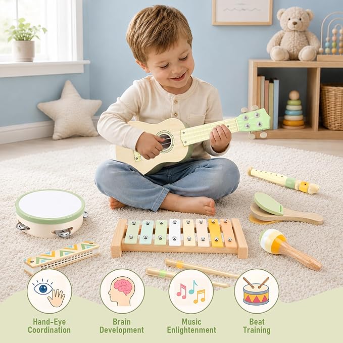 Kids Guitar Set - 8 in 1 Toddler Musical Instruments, Montessori Wooden Baby Ukulele Xylophone Tambourine Maracas Flute, Toy Guitar for Toddler 1-3, Mini Guitar Set Birthday Gift Boys Girls (Neutral)