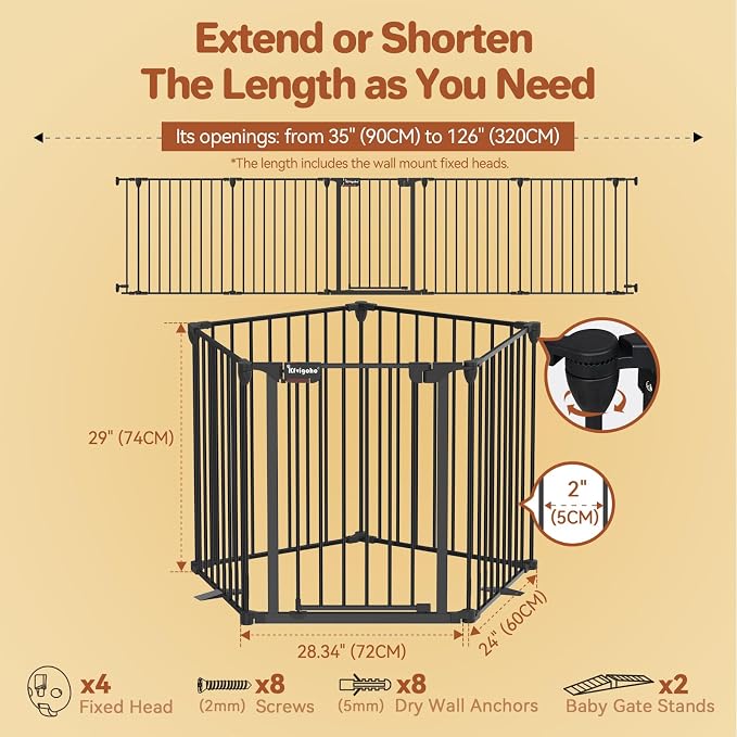 Kfvigoho Baby Gate 27.5"-129" Extra-Wide Playpen, Play Yard Child Safety Fence, Dog Gate with Auto-Close Door, Double Locking System for Fireplace, Foldable 5 Steel Panels, Black
