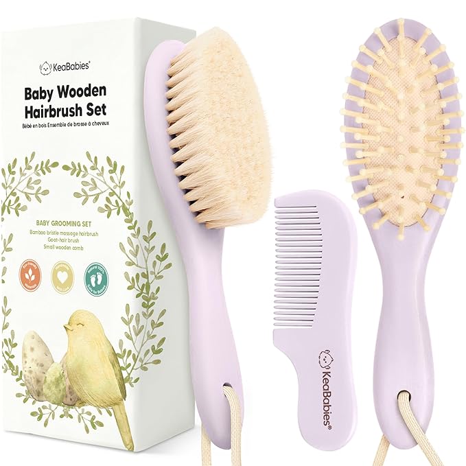 Baby Hair Brush Set for Newborns - Soft Goat Bristle Wooden Baby Brush and Comb Set Newborn Grooming Kit for Cradle Cap, Durable & Gentle, Boy, Girl Infant Essentials Care Kit (Regular, Thistle)