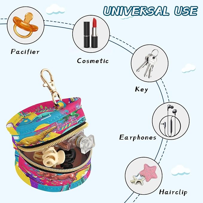 Pacifier Holder with Clip Pacifier Case for Diaper Bag Round Baby Pacifier Pouch Box Bag Portable Bright Colorful Geometric Dinosaurs