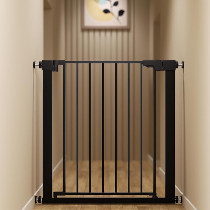29-32 inches Metal Baby Gate for Stairs/Doorways, 30 inches Tall Pressure Mounted Pet Gates, Auto-Close Child Safety Gate, No Drilling Easy Walk-Through Dog Gate Indoor, Black