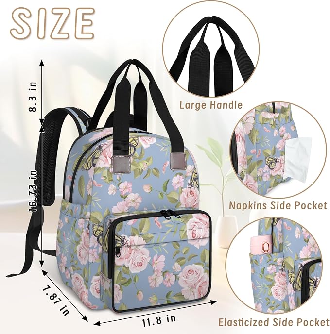 Pink Rose Butterfly Diaper Bag Backpack-Multi-functional mother and baby bag Thermal compartment USB charging port Large capacity Multi-pocket organizer Stroller can be hung Travel shopping